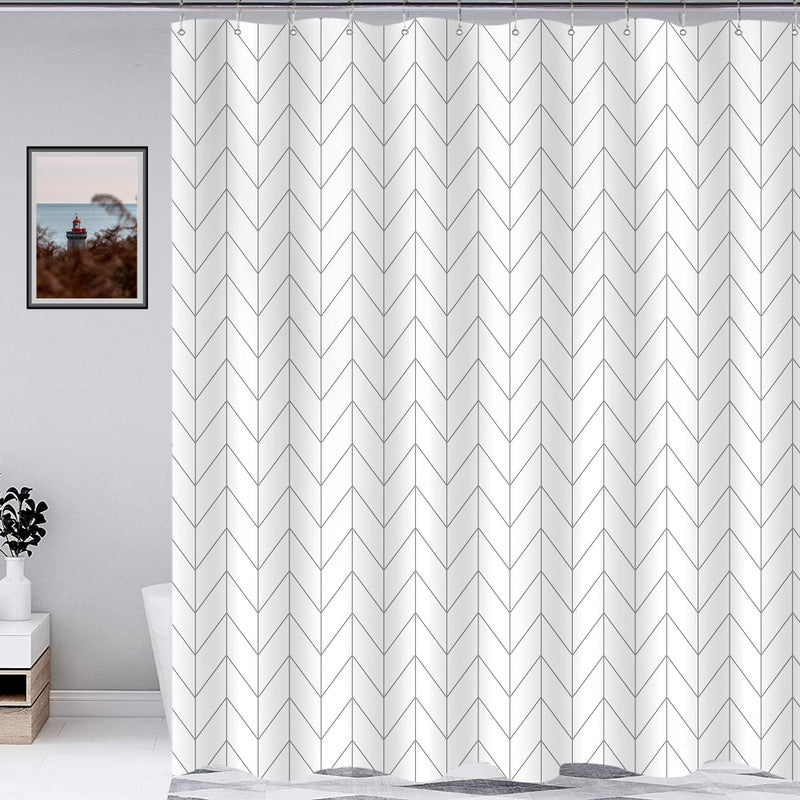 Riyidecor Boho Chevron Herringbone Shower Curtain Black White 60x72 Inch Geometric Striped Simple Modern Classy Neutral Contemporary 12 Pack Hooks Decor Fabric Bathroom Set Polyester Waterproof - Image 1